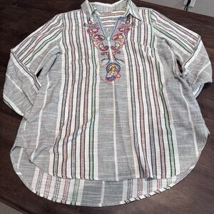 Soft Surroundings Aruba Pullover Embroidered Tunic, Pockets, V-Neck, Size Medium